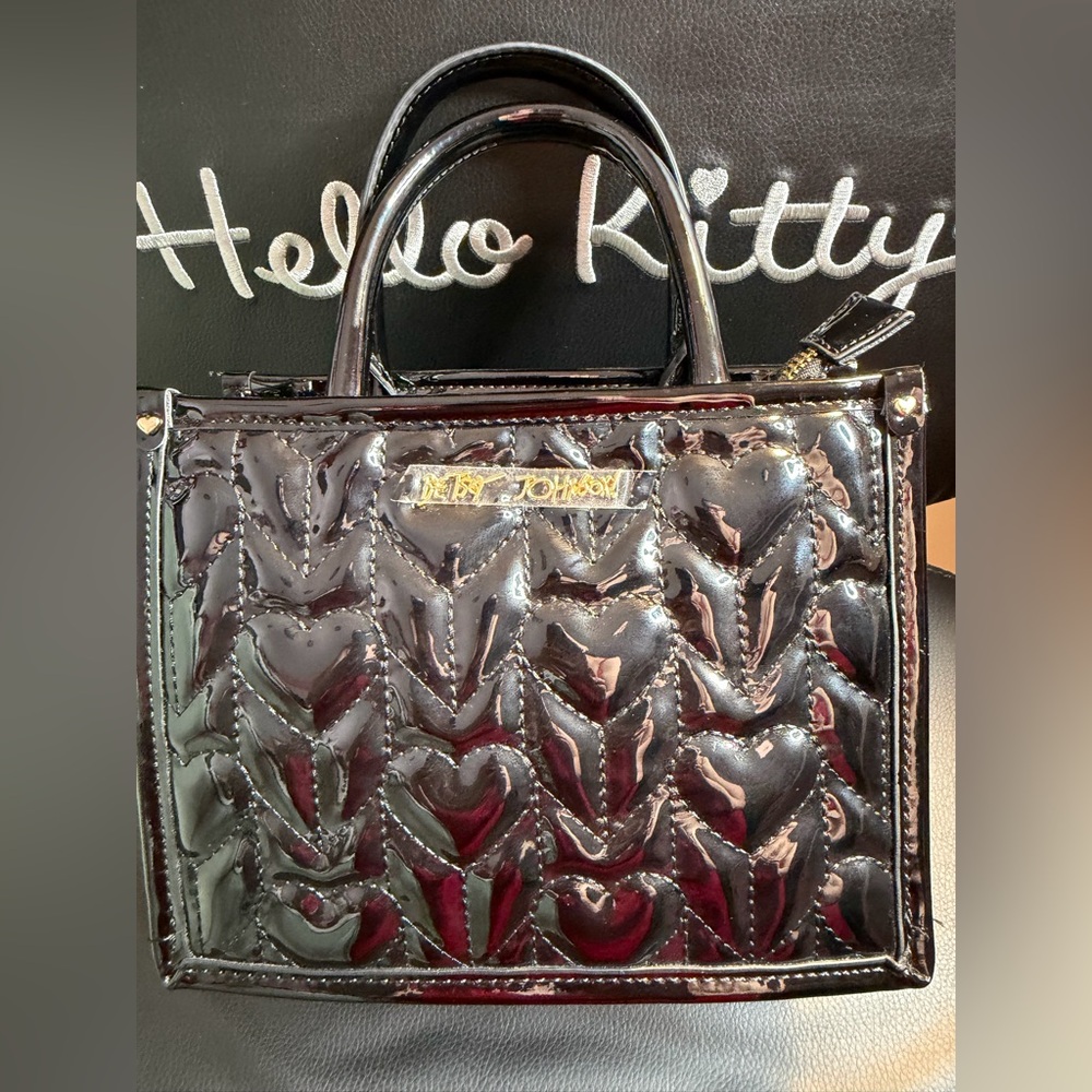 Betsey Johnson Black Quilted Patent Heart Satchel with Gold Logo